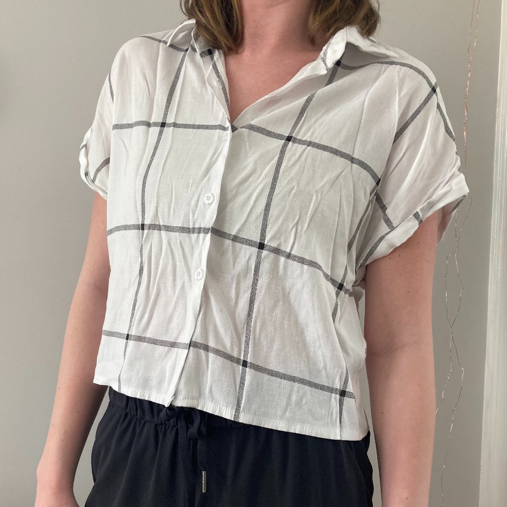 Gingham Cropped Button Up Blouse Top Collared
